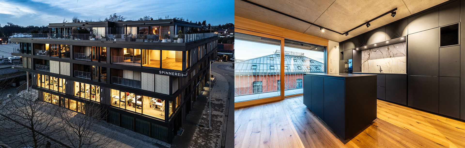 Moderne Architektur mit Außenansicht und Inneneinrichtung.