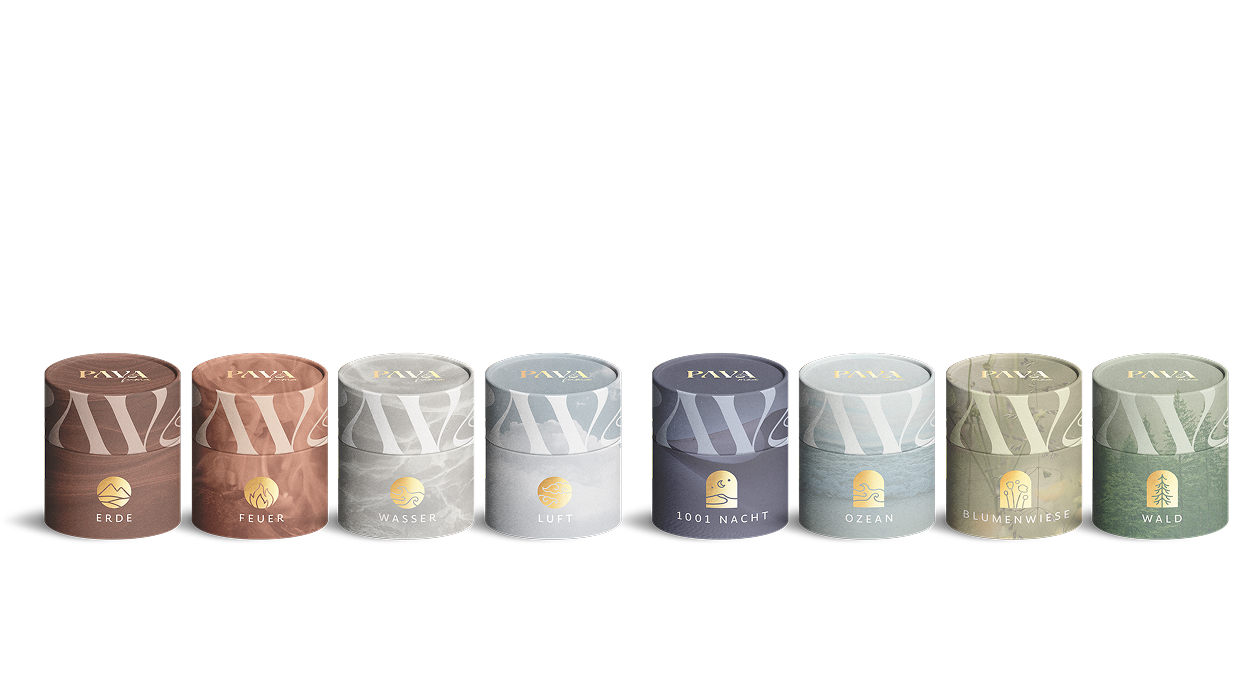 A row of PAVA FUMA candle tins in various colors.
