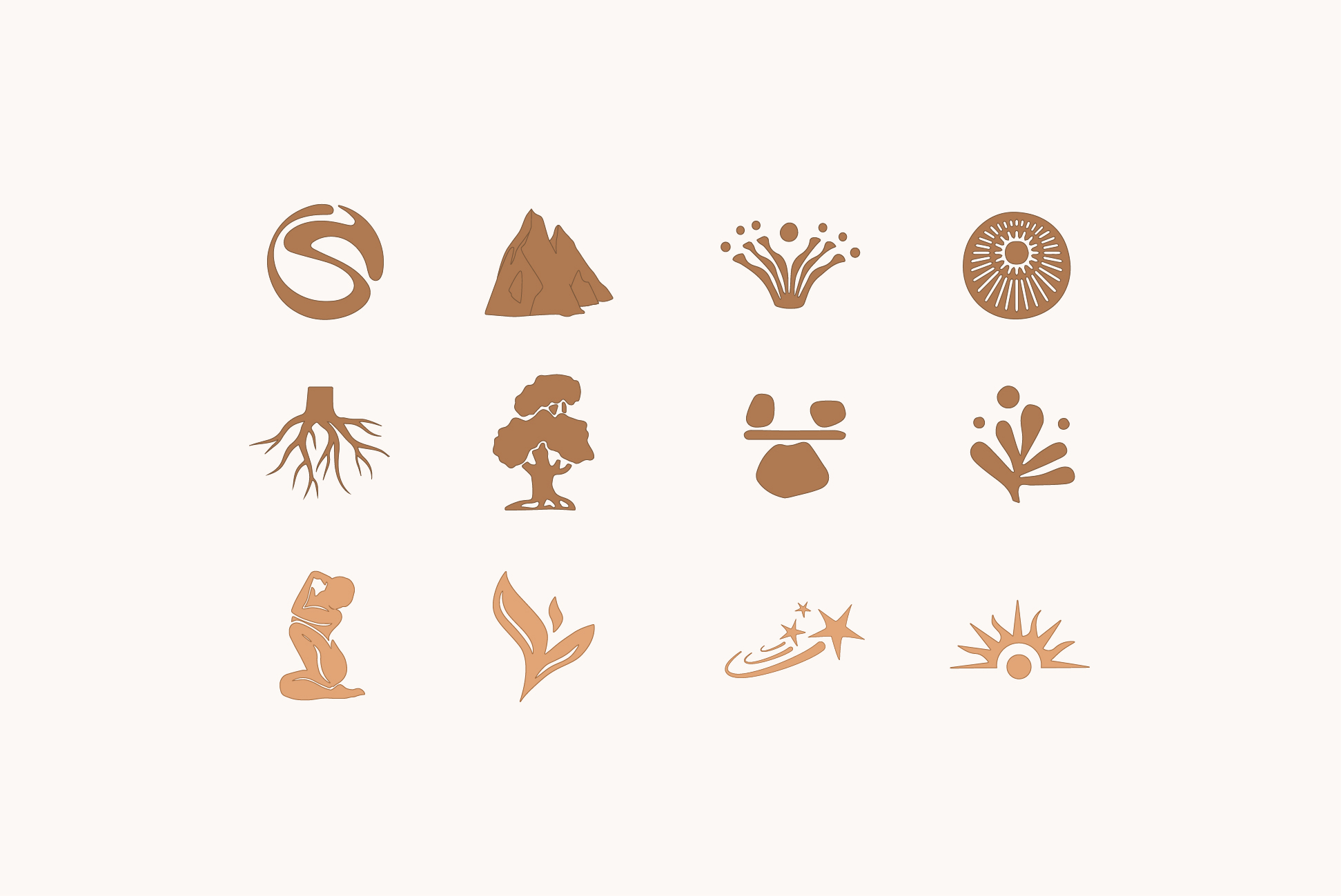 Verschiedene Symbole in Erdtönen, unter anderem Berge, Pflanzen und Wurzeln, inspiriert von Naturmotiven, PAVA FUMA.