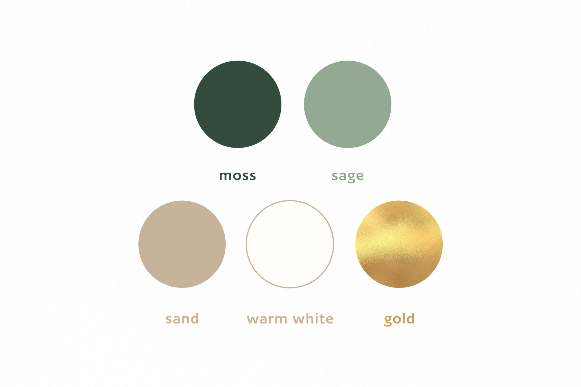 Farbpalette mit Moss, Salbei, Sand, warmem Weiß und Gold.