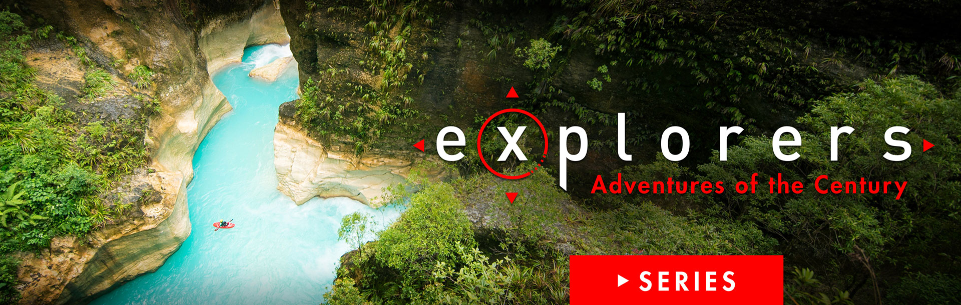 Blick auf einen Fluss in einer Schlucht, Farmhouse7 Logo sichtbar.