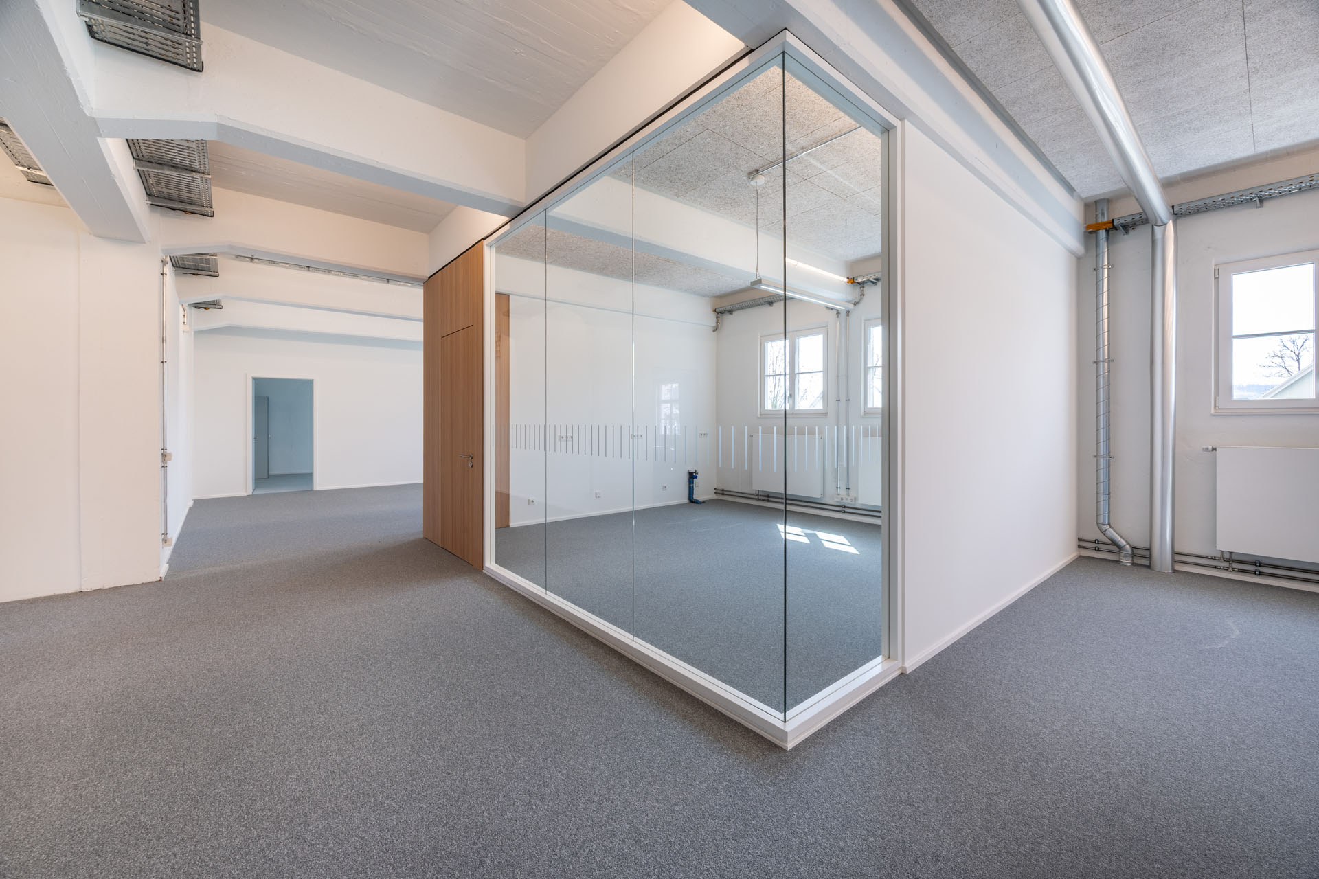 Büroumgebung mit Glastrennwand und Teppichboden.